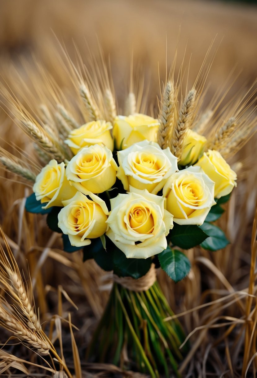 A rustic bouquet of yellow roses intertwined with golden wheat stalks