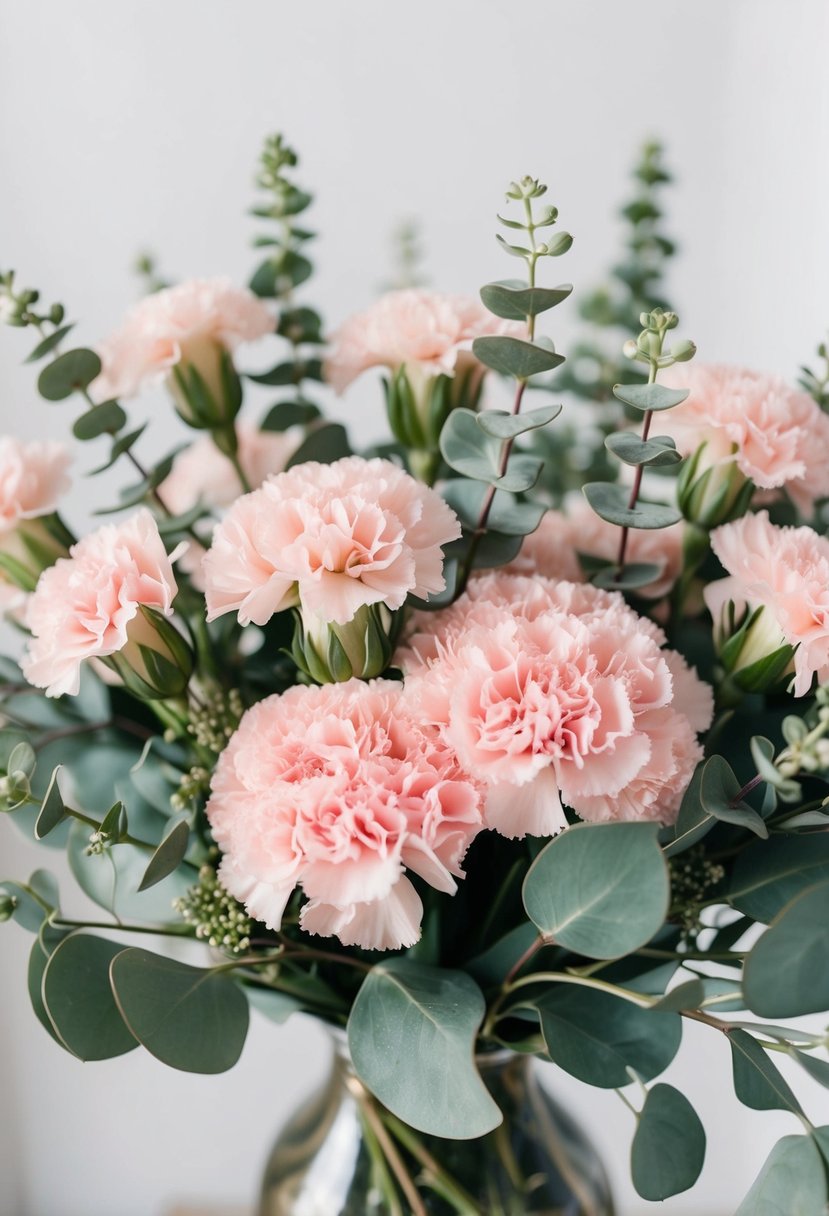 A delicate bouquet of pink carnations and eucalyptus leaves intertwined in a soft, romantic arrangement