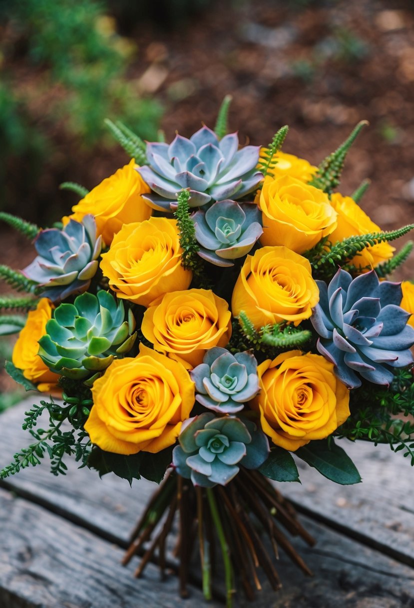 A vibrant bouquet of bohemian yellow roses and succulents arranged in a rustic, wild style