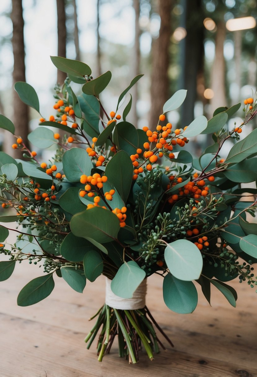 Eucalyptus branches intertwined with vibrant berries in a wedding bouquet