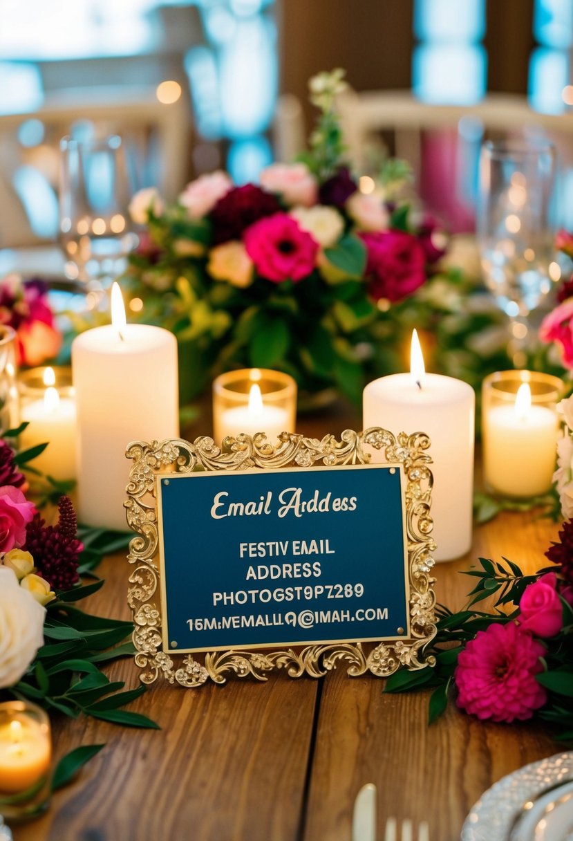 A festive wedding table with a decorative email address sign surrounded by flowers and candles