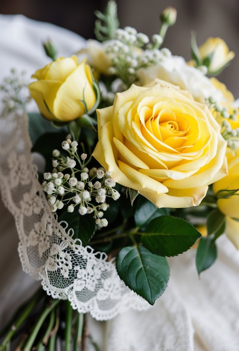 A vintage yellow rose bouquet with delicate lace accents