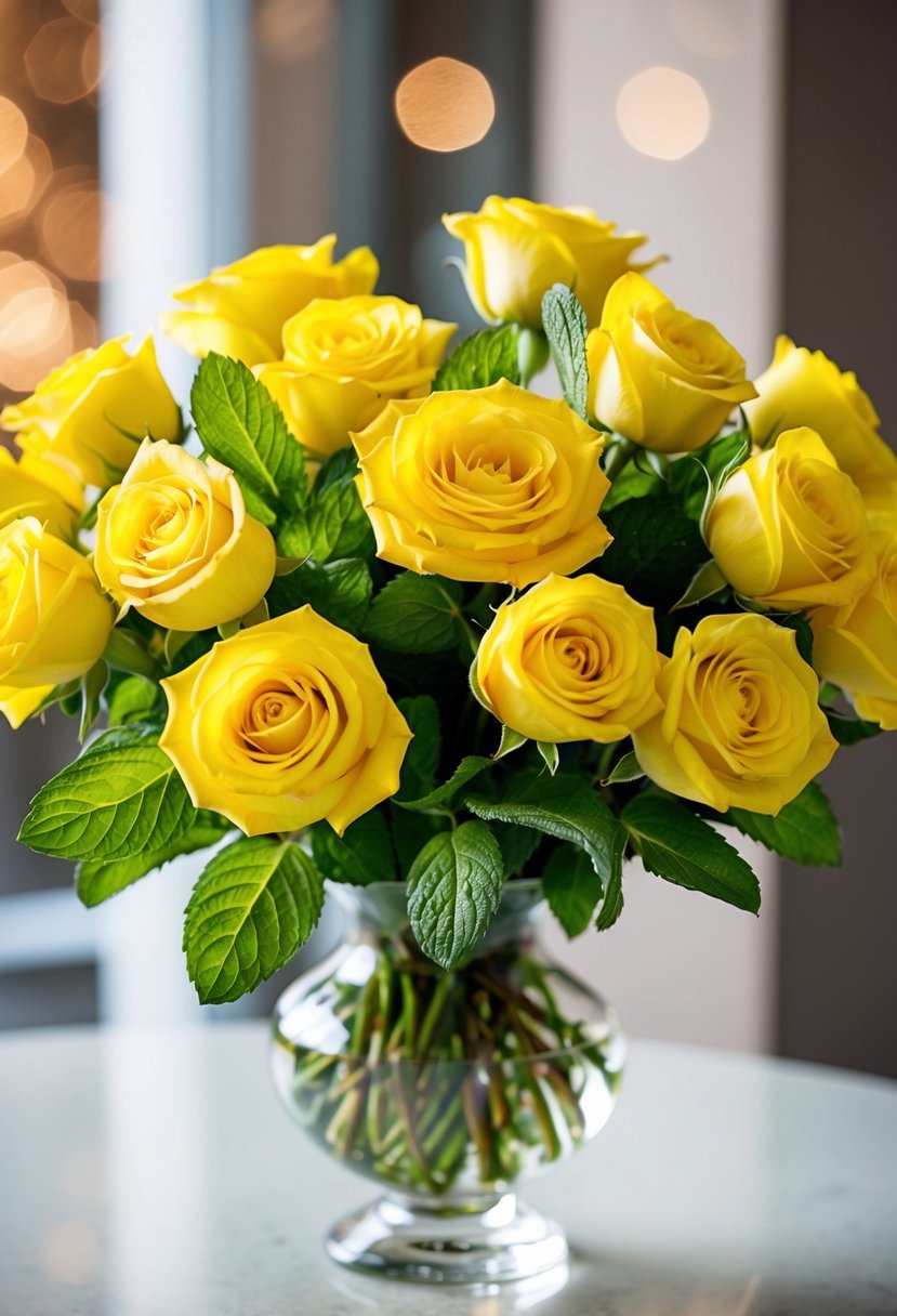 A vibrant bouquet of yellow roses and fresh mint leaves arranged in a glass vase