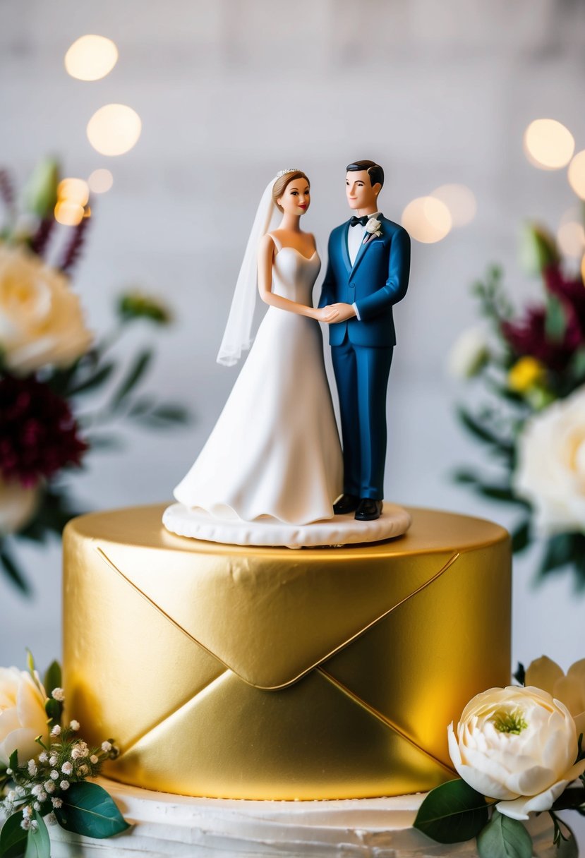 A bride and groom figurine standing on a wedding cake topper, surrounded by floral decorations and a golden email envelope