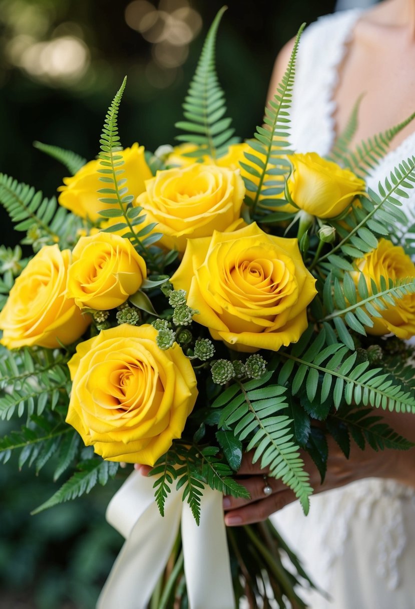 A vibrant arrangement of yellow roses and delicate ferns, elegantly tied together in a wedding bouquet