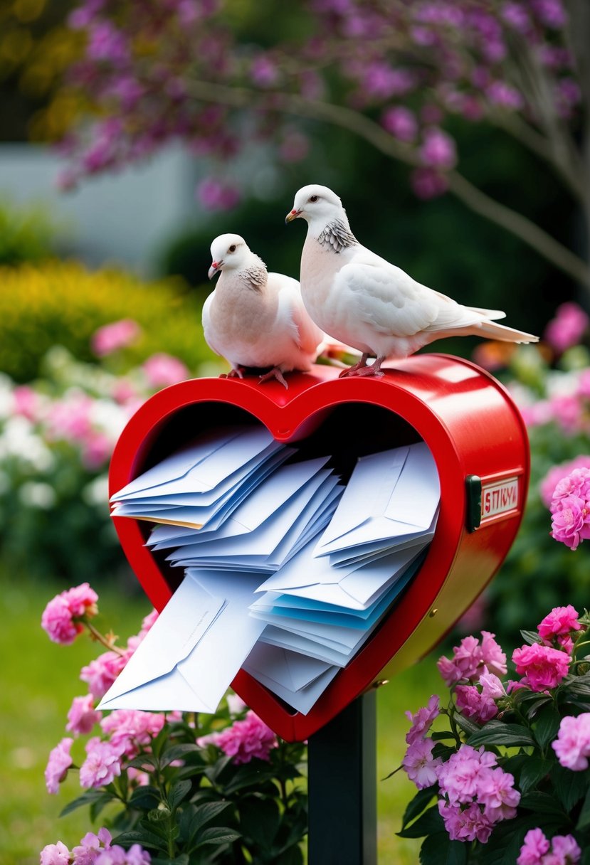 A heart-shaped mailbox overflowing with envelopes, surrounded by blooming flowers and a pair of doves perched on top