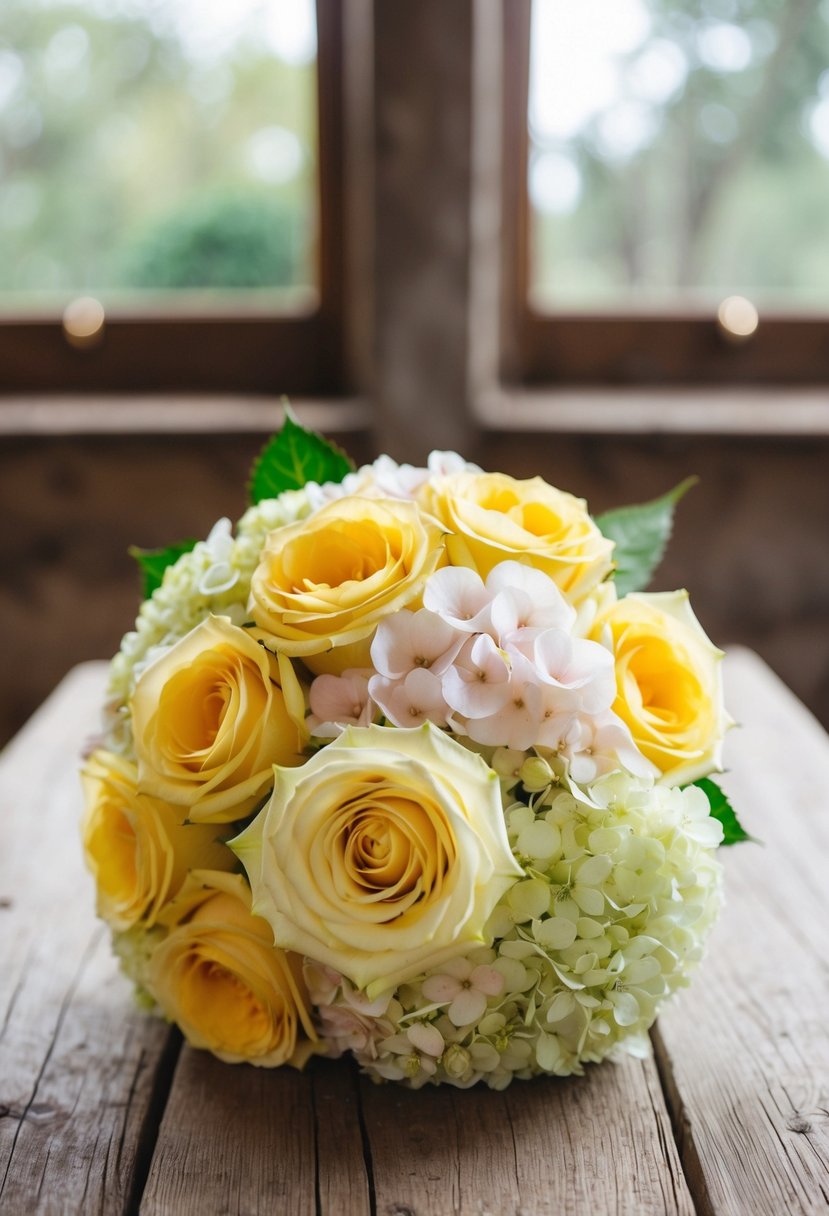 A pastel yellow rose and hydrangea wedding bouquet sits on a rustic wooden table, surrounded by soft natural light