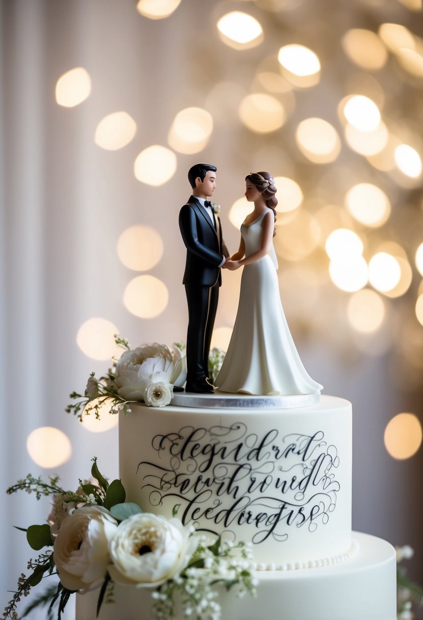 A bride and groom figurine stand on a wedding cake topper, surrounded by delicate flowers and elegant calligraphy