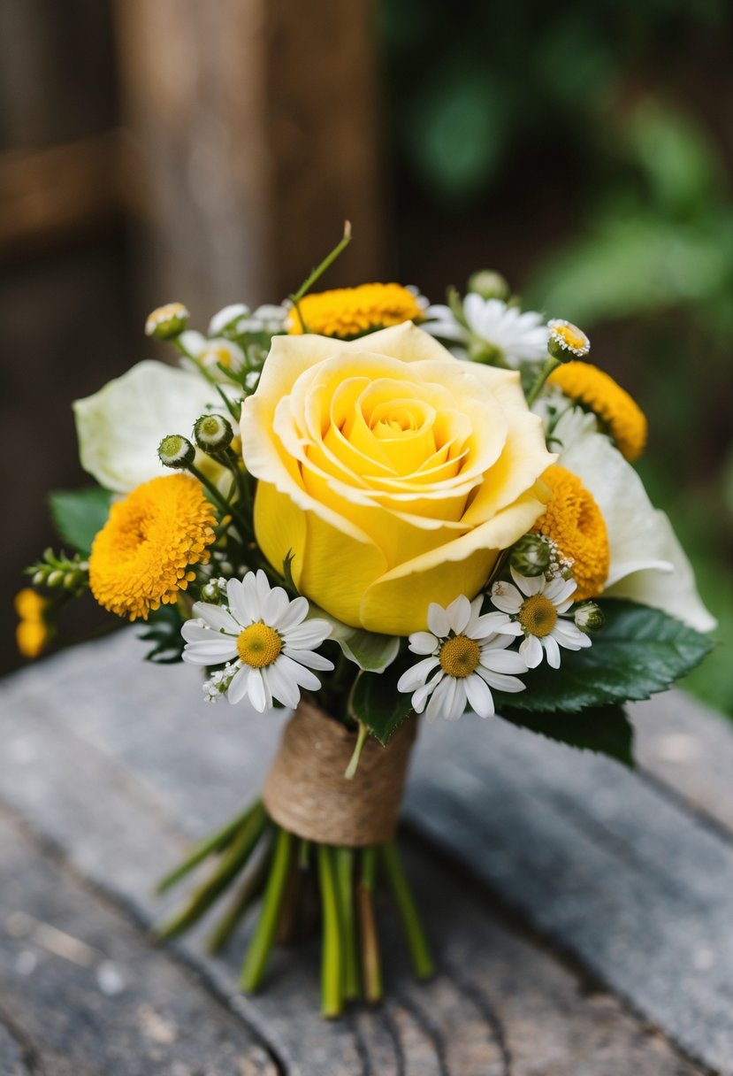 A vibrant yellow rose with chamomile accents in a rustic wedding bouquet