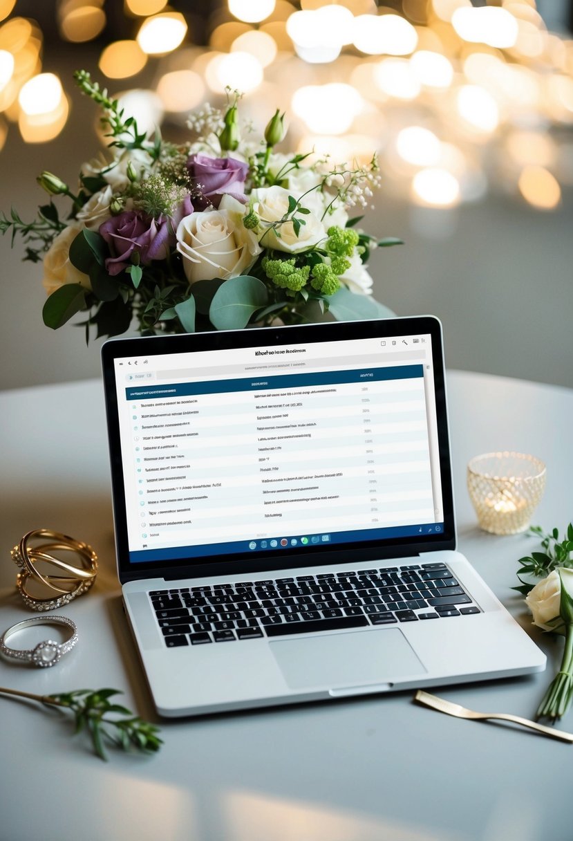 A laptop with a wedding email address ideas list open on the screen, surrounded by a bouquet of flowers and a wedding ring