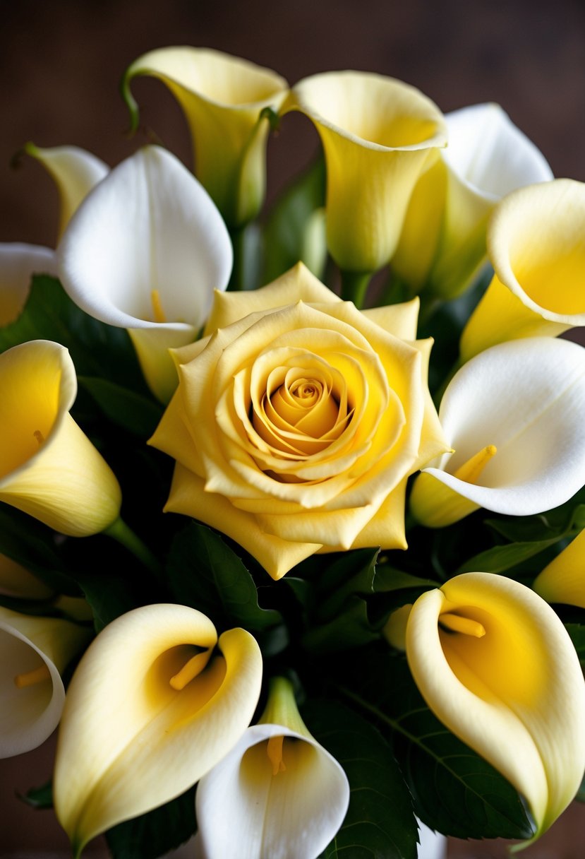 An elegant yellow rose surrounded by calla lilies in a wedding bouquet