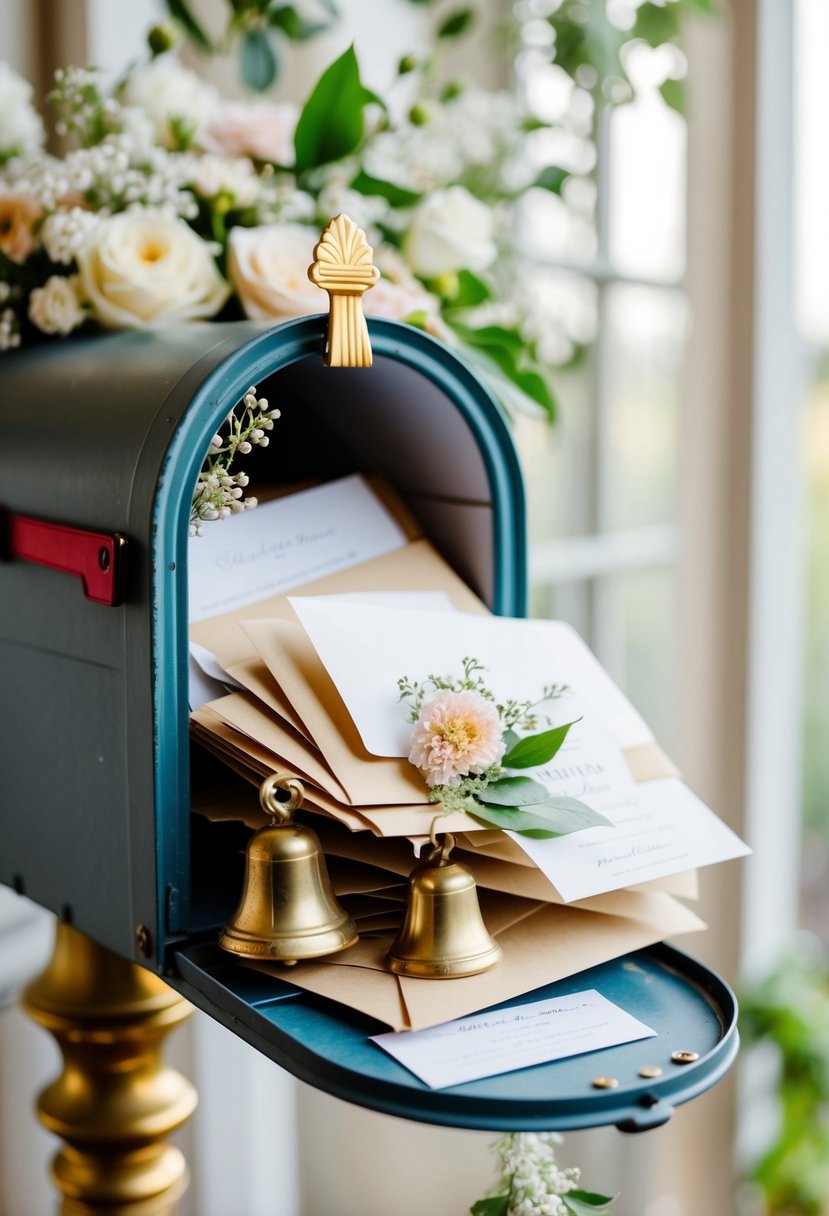 A vintage mailbox overflowing with envelopes and wedding invitations, adorned with delicate floral decorations and a pair of golden wedding bells