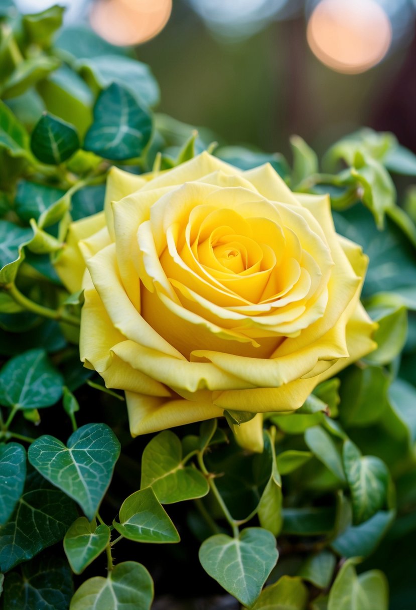 A vibrant yellow rose bouquet with delicate green ivy accents