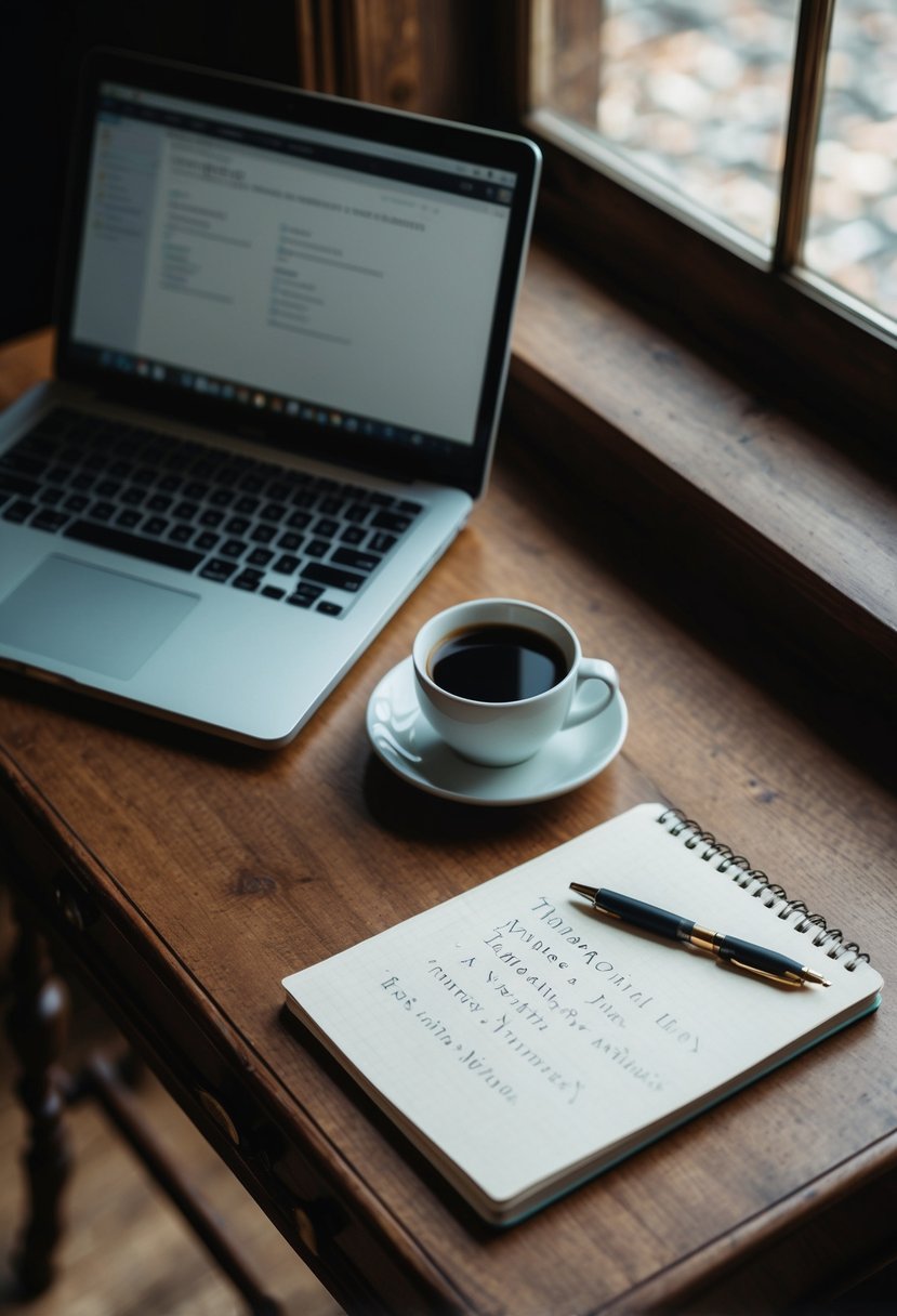 A vintage wooden desk with a laptop, a cup of coffee, and a notepad filled with handwritten wedding email address ideas