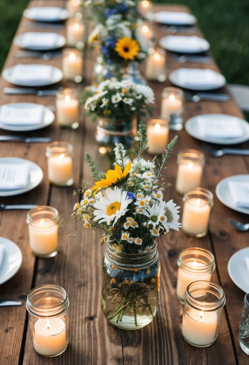 A rustic wooden table adorned with mason jar centerpieces filled with wildflowers, surrounded by flickering candles in glass votives