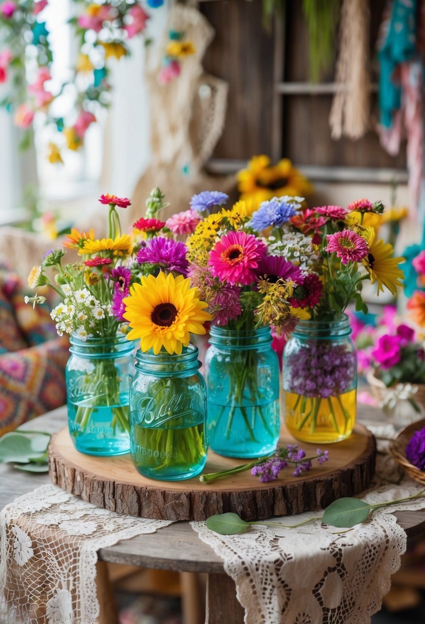 Colorful flower-filled jars sit atop a rustic wooden table, surrounded by vintage lace and mismatched bohemian decor