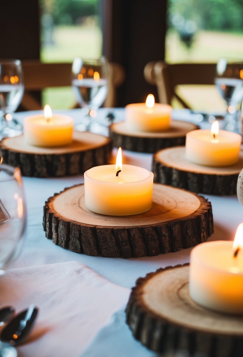 Rustic wood slices topped with flickering candles, arranged as wedding table decorations