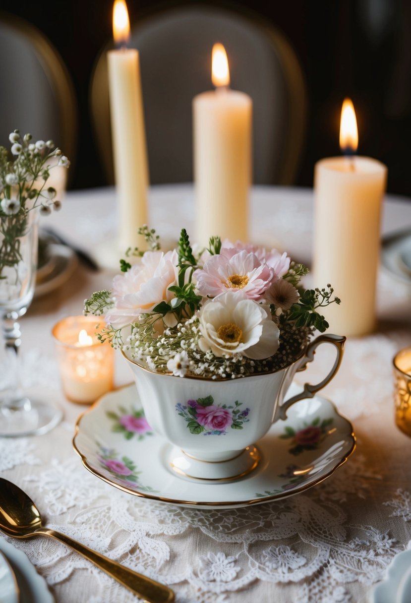 A vintage teacup filled with delicate flowers, surrounded by lace and candles, adorns a wedding table