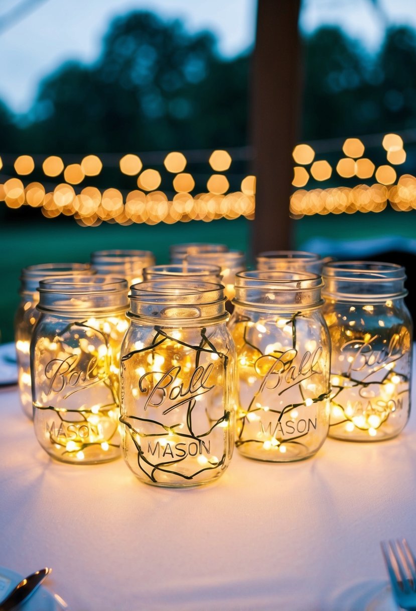 Mason jars filled with twinkling lights arranged as wedding table decorations