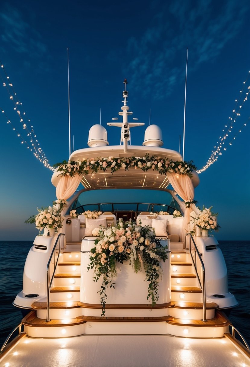 A luxurious yacht adorned with elegant floral arrangements, flowing drapes, and twinkling lights for a romantic wedding celebration at sea