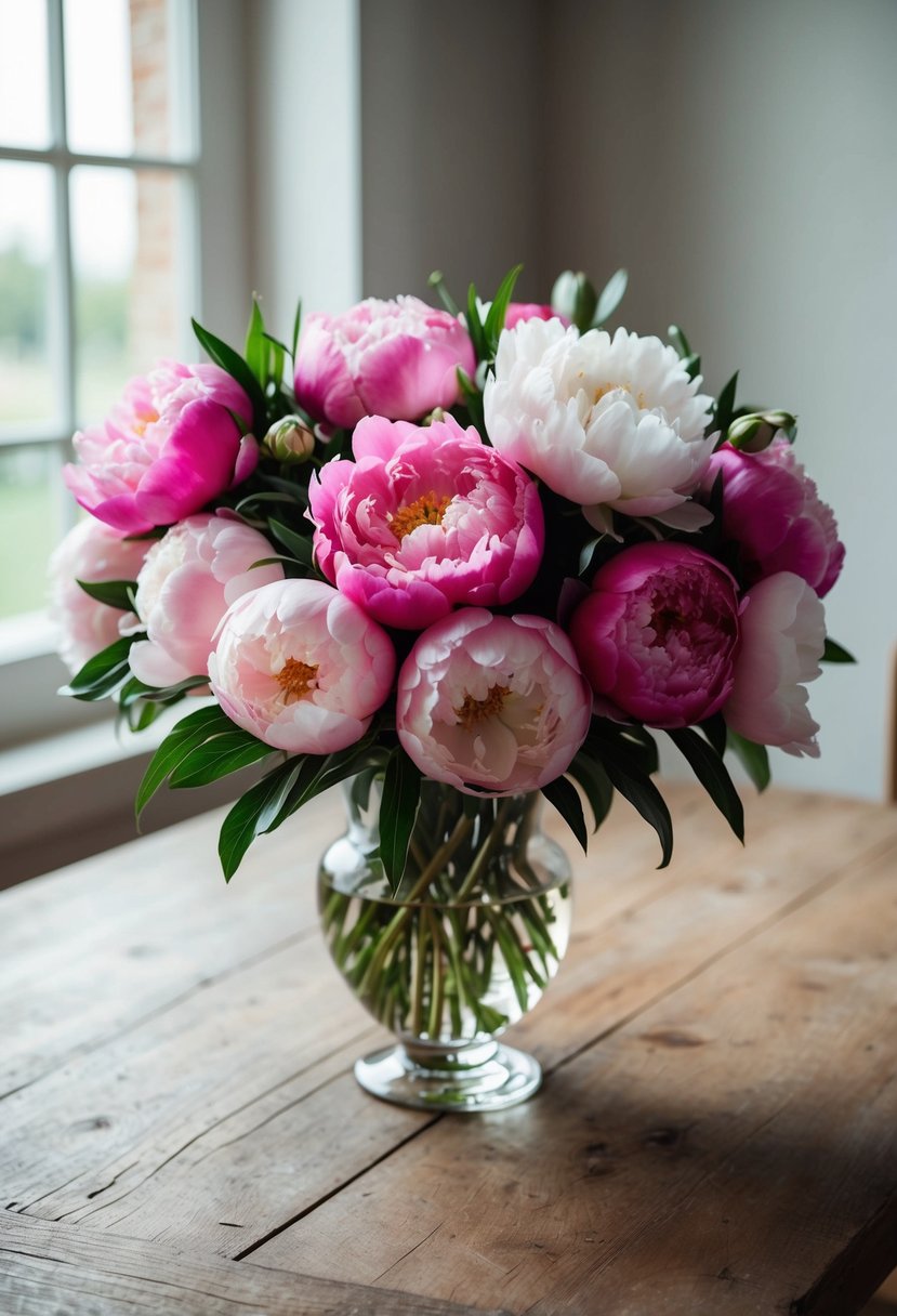 A lush bouquet of pink and white peonies arranged in a glass vase on a rustic wooden table, with soft natural light filtering through a nearby window