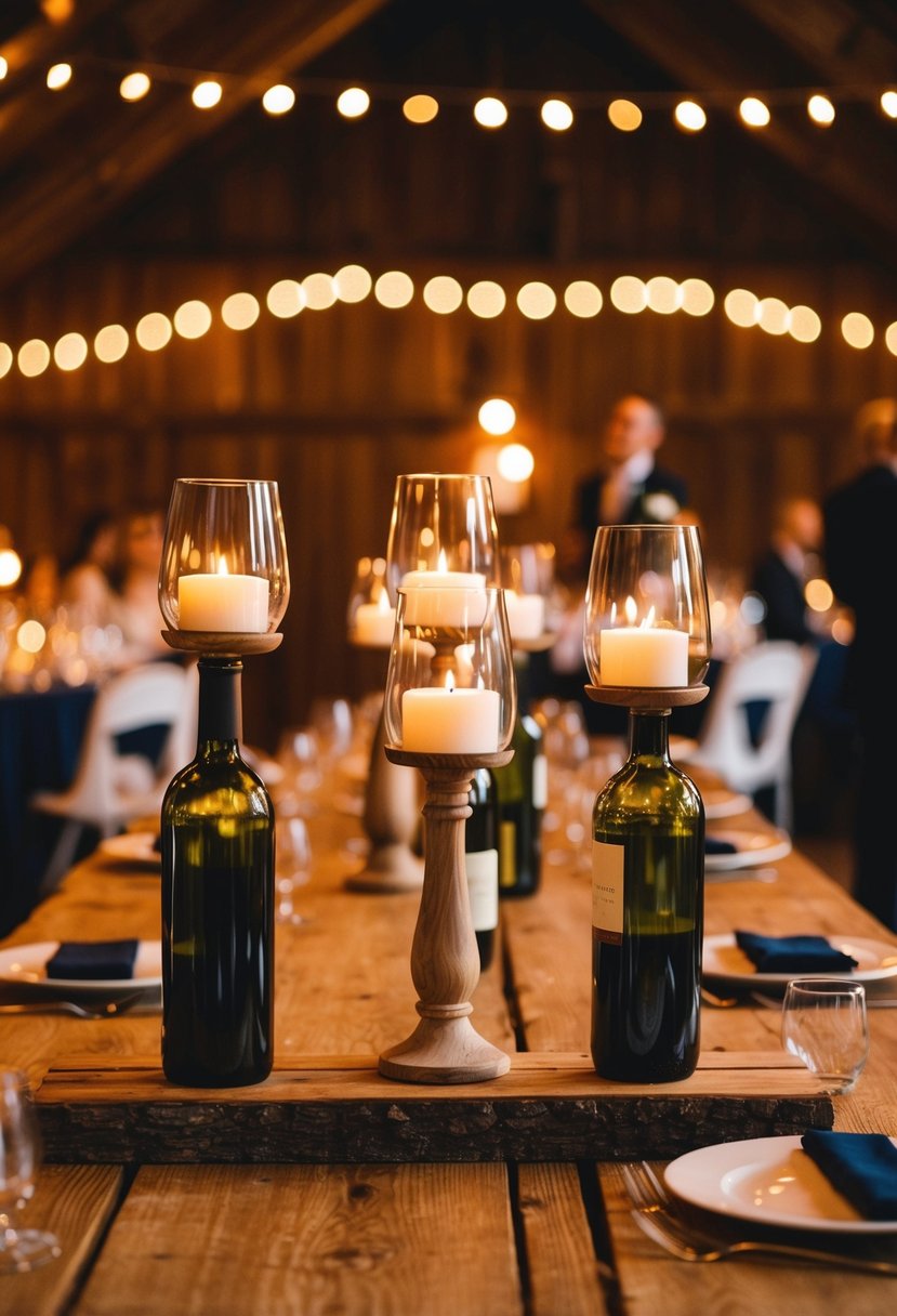 A rustic wooden table adorned with wine bottle candle holders, casting a warm glow over a wedding reception