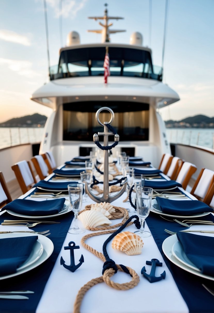 A table set with navy and white linens, adorned with nautical-themed decor such as anchors, ropes, and seashells, against the backdrop of a luxurious yacht deck