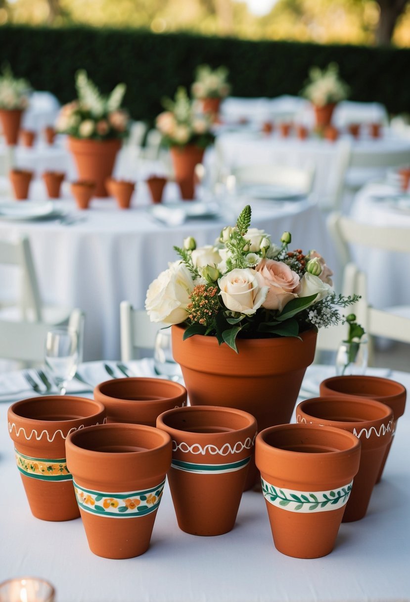 A collection of hand-painted terracotta pots arranged as wedding table decorations