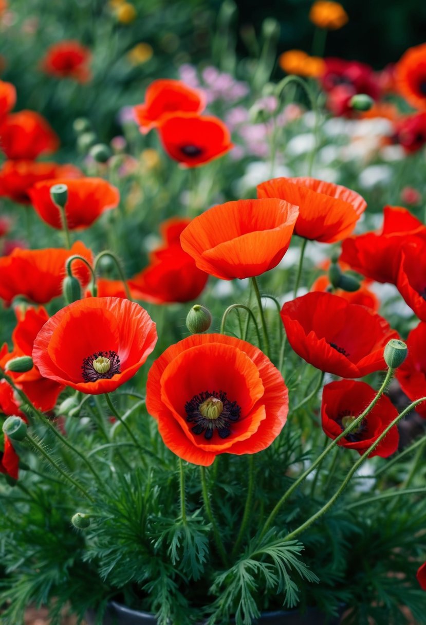 A lush bouquet of vibrant red poppies and other June flowers