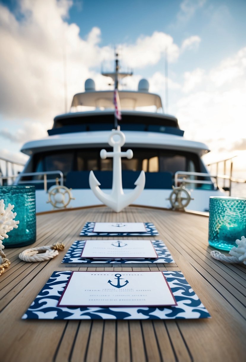 A yacht deck adorned with anchor motif invitations, surrounded by nautical-themed decor and subtle ocean elements