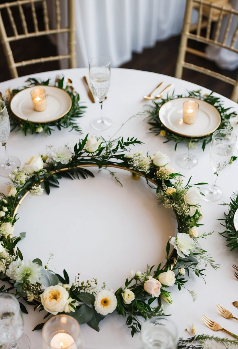 A round table adorned with floral hoop centerpieces, featuring a variety of delicate blooms and greenery, creating an elegant and romantic atmosphere for a wedding celebration