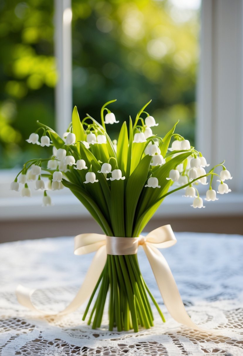 A delicate bouquet of Lily of the Valley, tied with a satin ribbon, sits on a vintage lace tablecloth. Sunshine filters through a window, casting a soft glow on the fragrant flowers