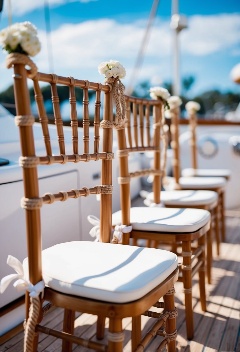 Chairs on a yacht, adorned with rope accents, set up for a wedding ceremony