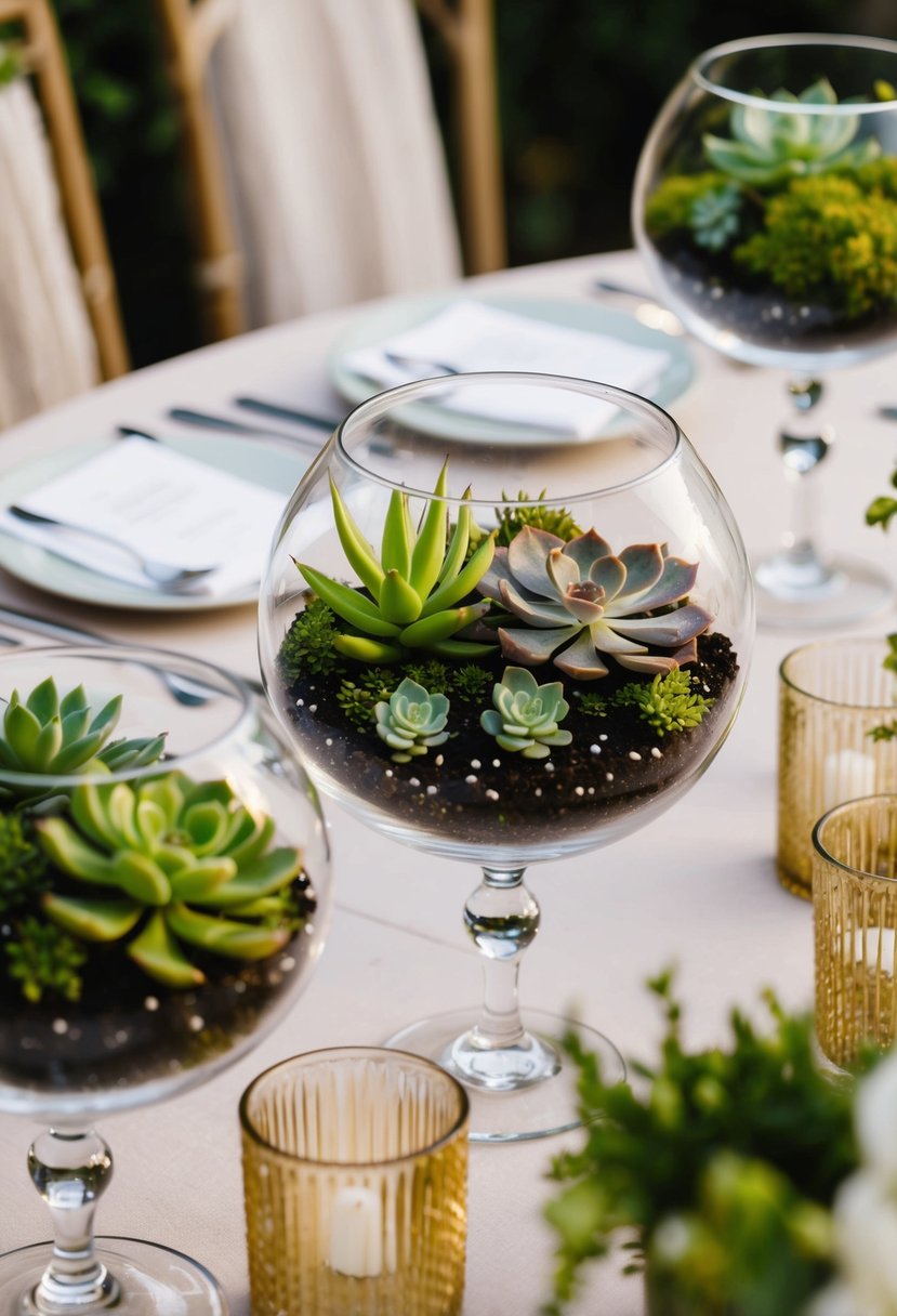 Lush succulent terrariums in glass bowls adorn wedding tables, creating a charming and natural centerpiece