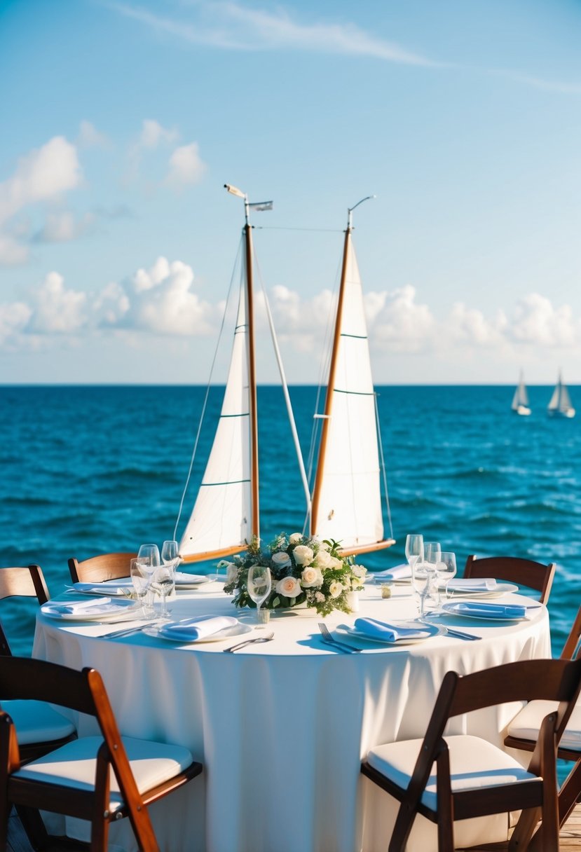 A serene ocean scene with sailboats as centerpieces on tables at a yacht wedding