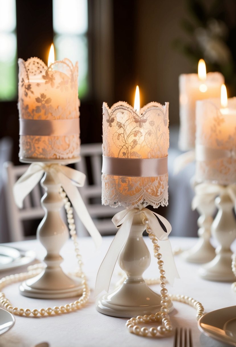 Lace-wrapped candle holders adorned with delicate ribbons and pearls, arranged as elegant wedding table decorations