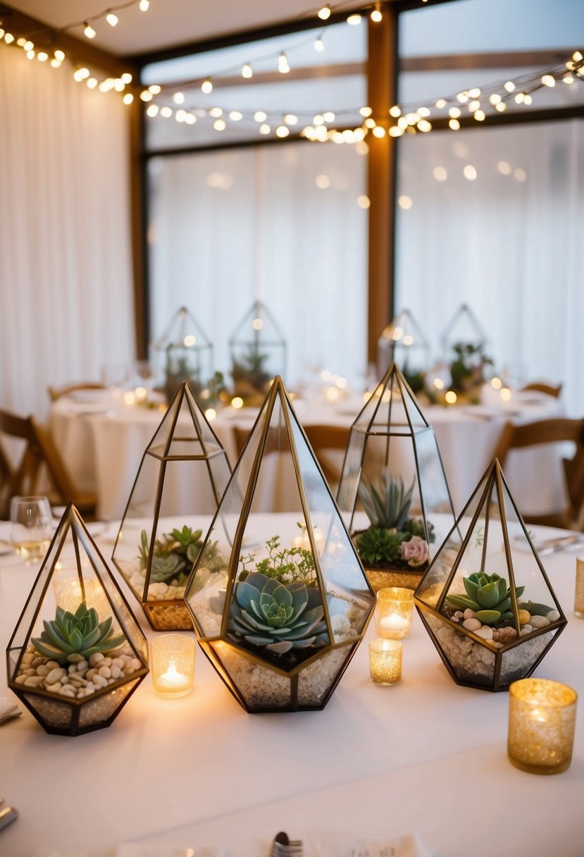 Geometric terrariums arranged on a wedding table, filled with succulents and delicate flowers, surrounded by twinkling fairy lights