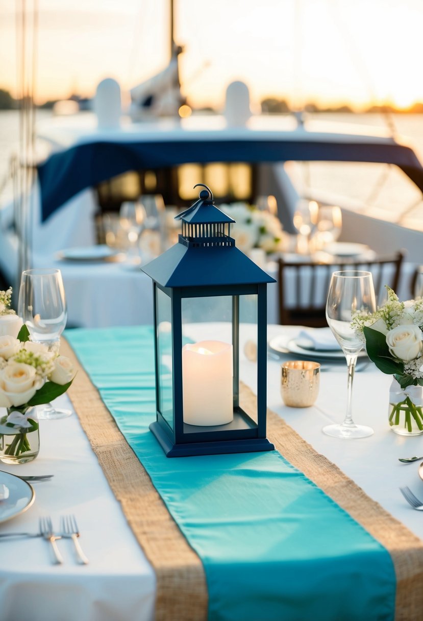 A lantern sits on an aqua table runner aboard a yacht, surrounded by elegant wedding decor