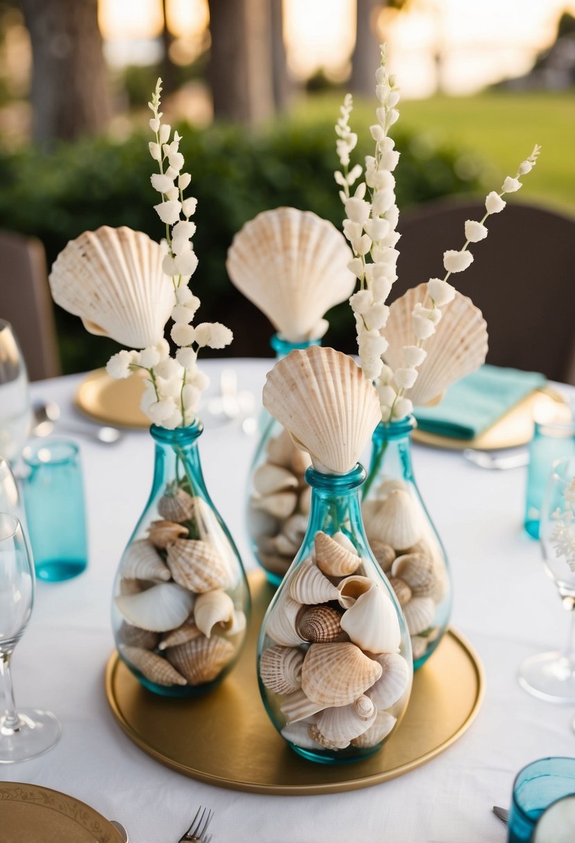 A table adorned with seashell-filled vases, perfect for a handmade wedding decoration