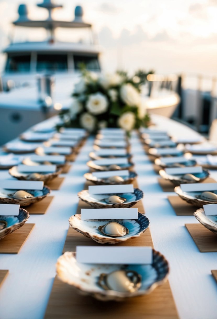 A table adorned with oyster shell escort cards arranged in neat rows, set against the backdrop of a luxurious yacht wedding