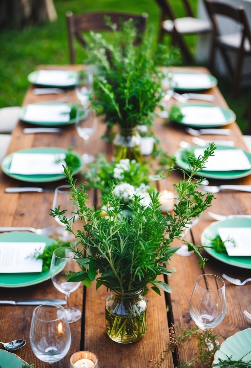 Lush herb garden centerpieces adorn rustic wedding tables, adding a fresh and fragrant touch to the handmade decorations