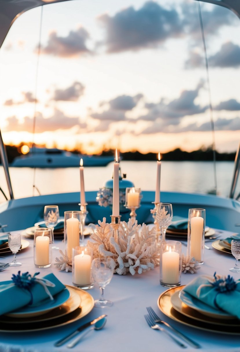 A yacht adorned with faux coral and candle centerpieces for a luxurious wedding celebration