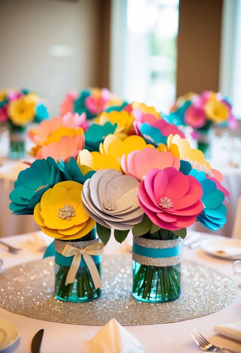 Colorful paper flower bouquets arranged in vases, adorned with ribbons and glitter, set on a wedding reception table