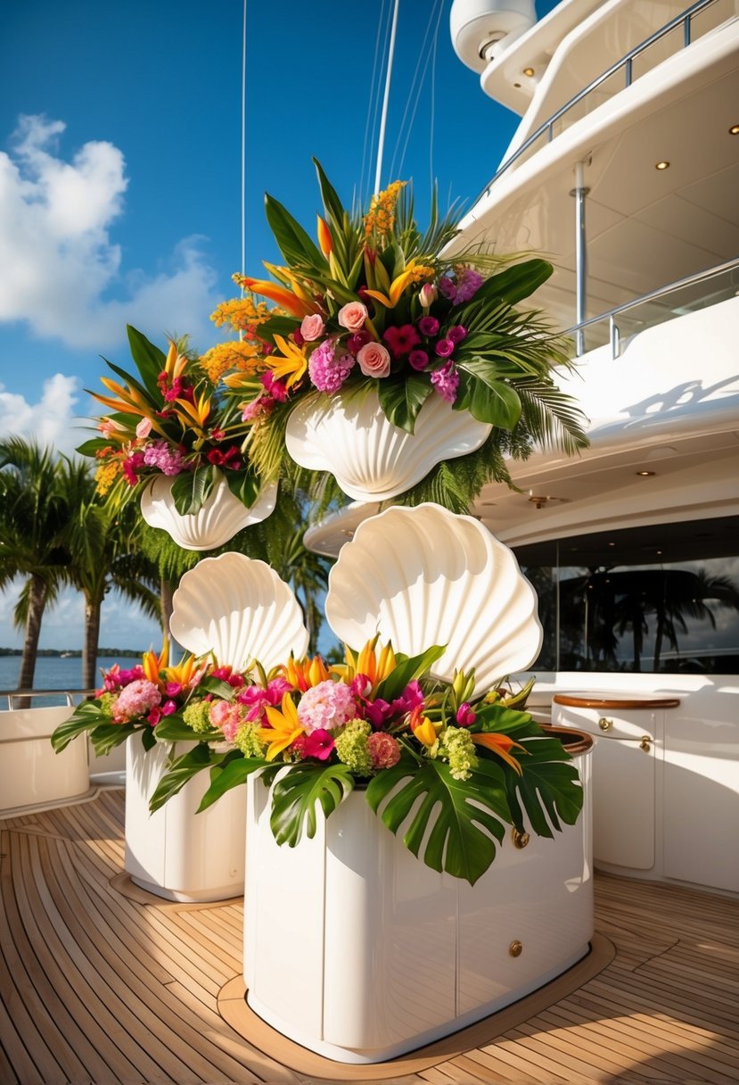 A luxurious yacht deck adorned with oversized clamshell floral arrangements in a vibrant display of tropical blooms and greenery