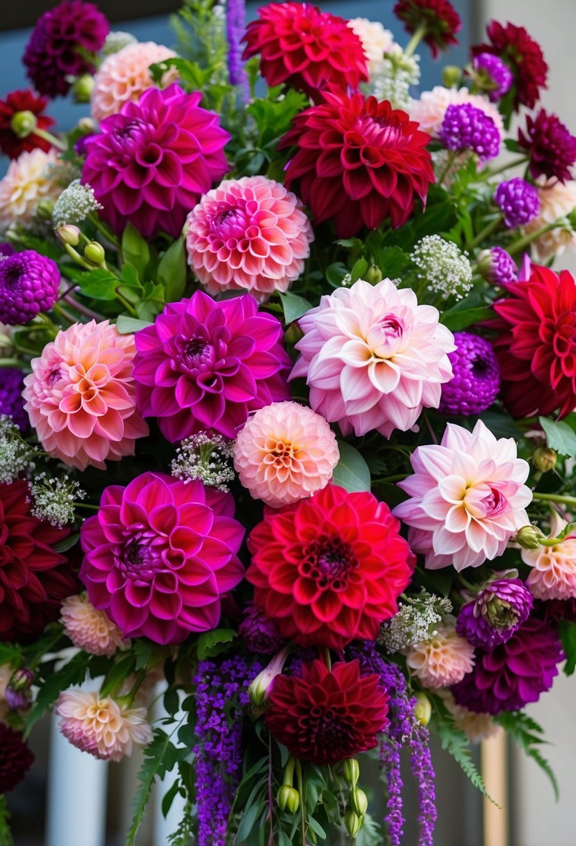 Vibrant dahlias in various shades of pink, red, and purple arranged in a cascading bouquet, accented with lush greenery and delicate baby's breath