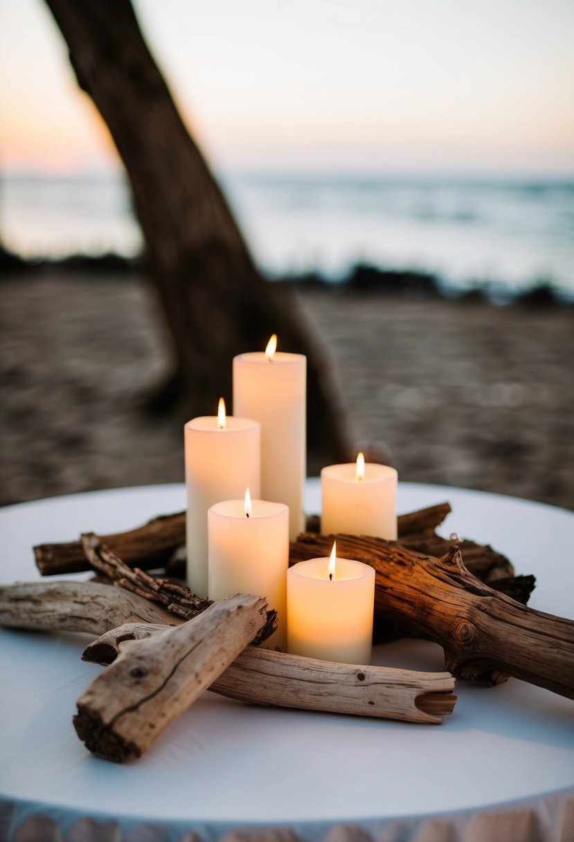 Driftwood and candles arranged on a table for a rustic wedding display