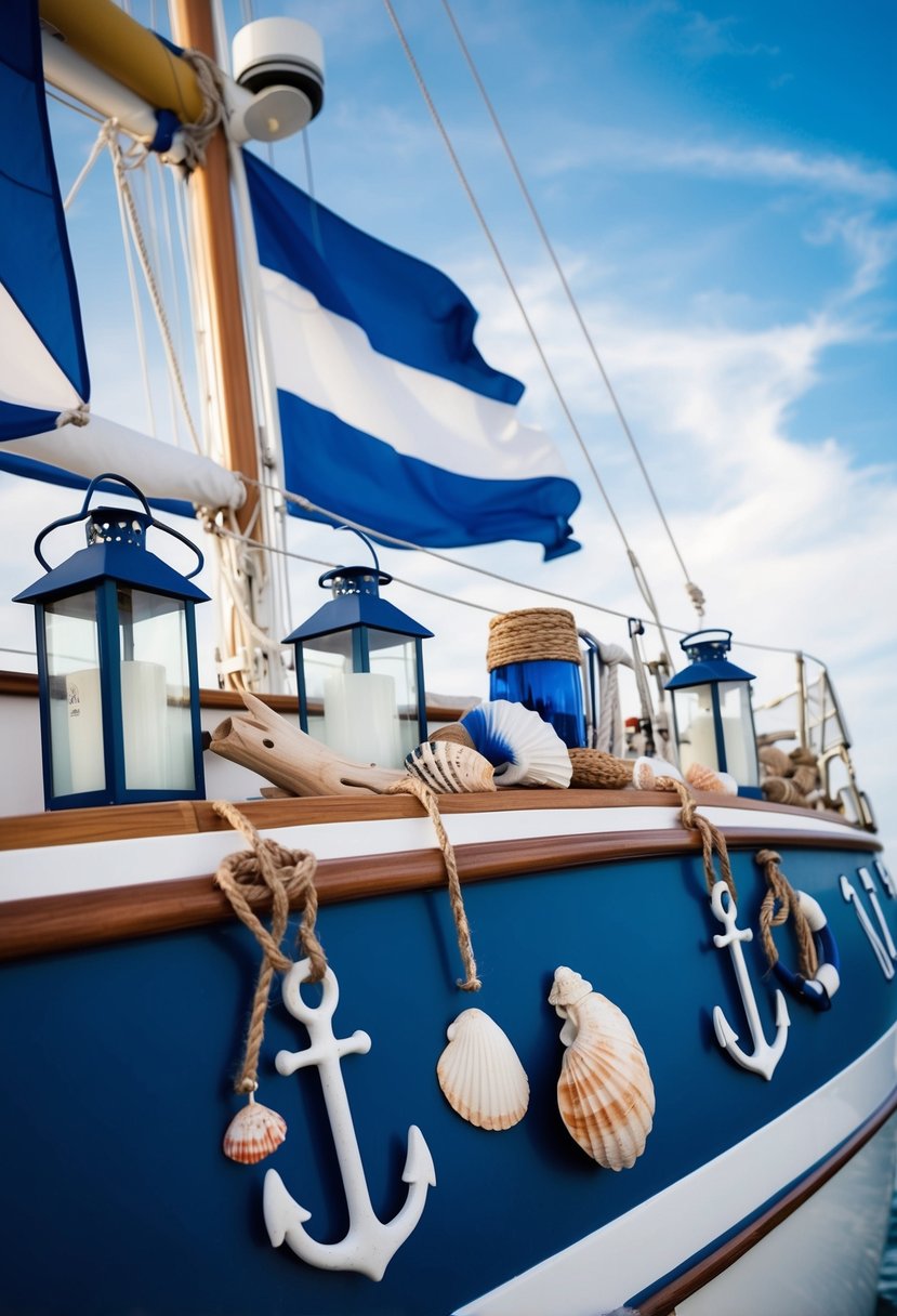 A yacht adorned with nautical flags, seashells, and anchors. Blue and white color scheme with driftwood accents and lanterns