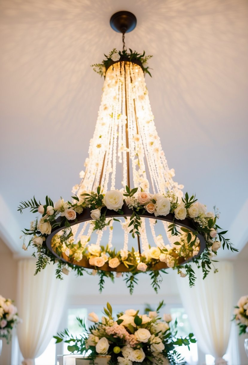 A delicate floral chandelier hangs above a beautifully decorated wedding table, adding a touch of handmade elegance to the scene