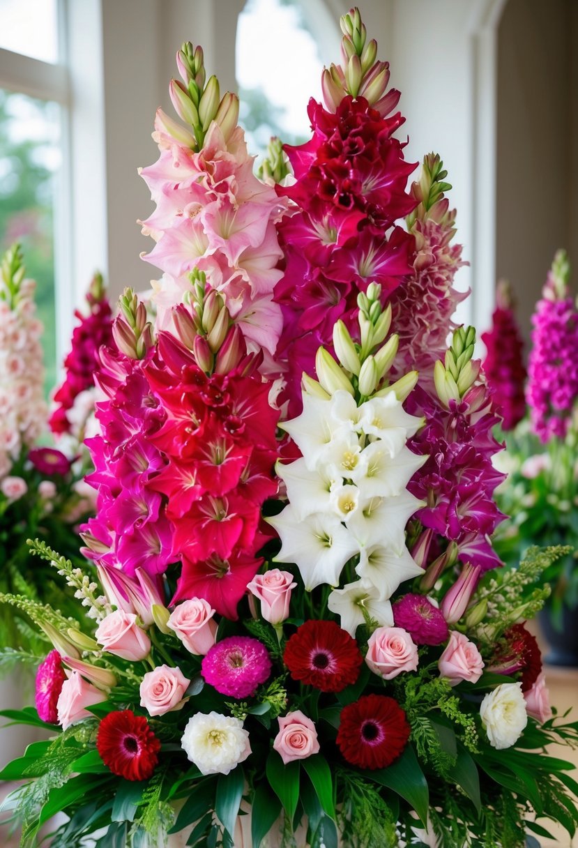 A vibrant bouquet of tall Gladiolus blooms in shades of pink, red, and white, arranged in a cascading design with lush greenery