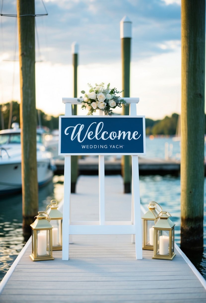 A dock with a "Welcome" sign, adorned with yacht-themed wedding decorations